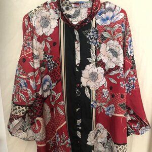 Johnny Was 100% Silk Crane Mallory Button Down Shirt Size XL Mandarín Collar
